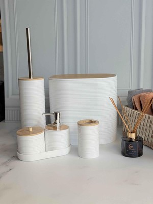 PremiumPort Şık Akrilik 5 Parça Bambu Kapaklı Beyaz Banyo Seti