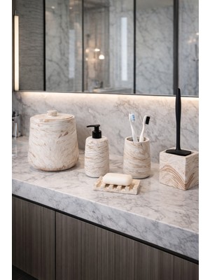 PremiumPort Mermer Desenli Banyo Seti 5'li, Çöp Kovası, Silikon Fırça, Sabunluk, Diş Fırçalık