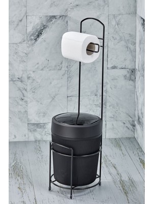 PremiumPort Şık Siyah Çizgili Yuvarlak Kovalı Wc Kağıtlık Seti