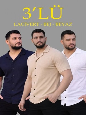 Efnaz Style Erkek Waffle Dokuma Açık Yakalı Düğmeli Regular Kalıp 3’lü Gömlek Seti - Bej, Beyaz, Lacivert
