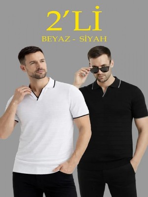 Efnaz Style Erkek 2’li Paket Triko Yakalı Düğmesiz Açık Yaka Fitilli Kısa Kollu Regular Fit Tişört - Beyaz - Siyah