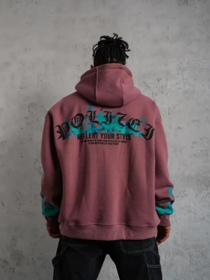 Efnaz Style Erkek Üç Iplik Içi Pamuklu Alev Baskılı Kapüşonlu Sweatshirt - Gül Kurusu