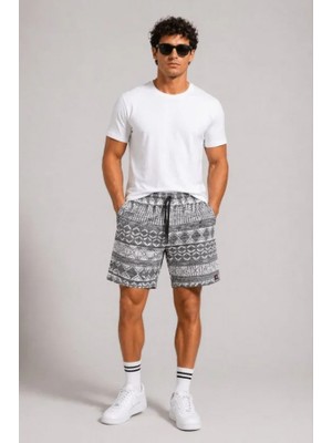Efnaz Style Erkek Dokuma Etnik Desenli Şort Lastikli Bel Bağcıklı Cepli Yazlık Rahat - Gri