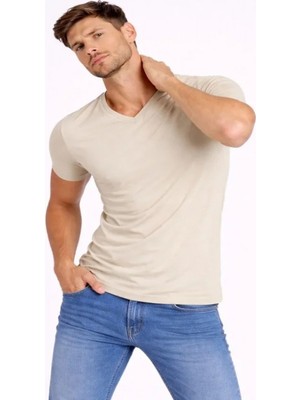 Efnaz Style Erkek T-Shirt V Yaka Slim Fit Dar Kesim Likralı Tişört Günlük Basic Body - Taş