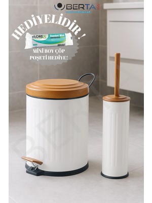 PremiumPort Vintage Banyo Seti Ahşap Beyaz Çöp Kovası 5lt ve Tuvalet Fırçası Hediye