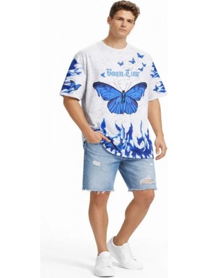 Efnaz Style Erkek Asit Yıkamalı Oversize Tişört Mavi Kelebek Baskılı Dijital Print Bisiklet Yaka Streetwear T-Shirt - Beyaz