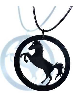 Tamgacrafts Şahlanan At Yuvarlak Akrilik Kolye Siyah Deri Kayış 5cm Daire