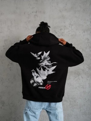 Efnaz Style Erkek Şapkalı Güvercin Baskılı Kapşonlu Sweat - Siyah