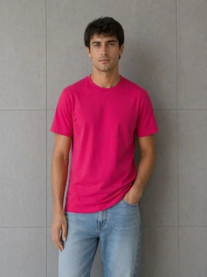 Efnaz Style Erkek Basic Pamuklu Tişört Bisiklet Yaka Düz Renk Regular Fit T-Shirt - Fuşya
