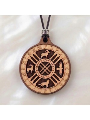 Tamgacrafts Göktürkçe Ahşap Erkek Kolye Şaman Tengri Rün ve Totem Sembollü Hayvan Totemleri