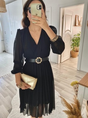 Efnaz Style Kadın Şifon Kumaş Astalı Kloş Kesim Kruvaze Yaka Midi Boy Elbise