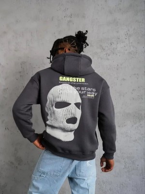 Efnaz Style Erkek Kordonlu Maske Baskılı Kapşonlu Sweat - Gri