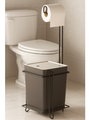 PremiumPort Modern Banyo ve Mutfak Çöp Kovası ile Metal Standlı Tuvalet Kağıtlık Seti