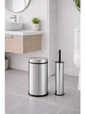 PremiumPort Modern Banyo Seti 5 Lt Döner Kapaklı Çöp Kovası ve Tuvalet Fırçası Seti