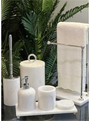 PremiumPort Beyaz Mermer Banyo Seti, Gümüş Detaylar, 7 Parça, Şık ve Modern Tasarım