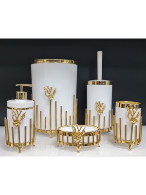 PremiumPort 5 Parça Akrilik Yuvarlak Banyo Seti, Beyaz ve Gold Detaylar