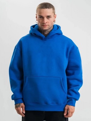 Efnaz Style Erkek Saks Mavi Double Oversize 3 Iplik Pamuklu Kapüşonlu Kanguru Cepli Sweatshirt Hoodie - Saks Mavi