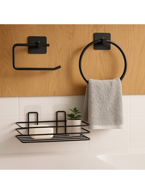 PremiumPort Yapışkanlı Siyah 3'lü Banyo Düzenleyici Seti: Şampuanlık, Tuvalet Kağıtlık, Havluluk
