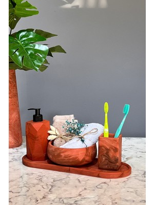 PremiumPort 4'lü Terracotta Serisi Mermer Desenli Banyo Seti, Sıvı Sabunluk ve Diş Fırçalığı