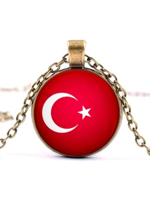 Tamgacrafts Türkiye Bayrak Kolye Türk Bayrağı 3D Büyüteç Camlı Bronz Renk Metal Deri Ip