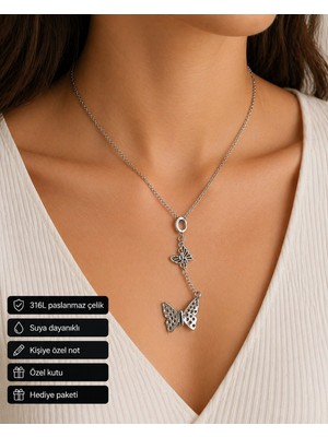 Herşey Nota Butterfly Figürlü Sallantılı Kolye 316L Paslanmaz Çelik Kadın Hediye