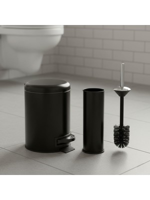PremiumPort 3 Litre Siyah Banyo Seti, Pedallı Çöp Kovası ve Tuvalet Fırçası