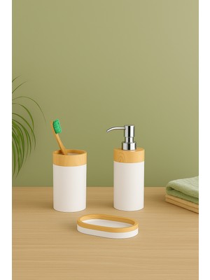 PremiumPort Bambu Desenli 3'lü Banyo Seti: Sıvı Sabunluk, Diş Fırçalık ve Katı Sabunluk