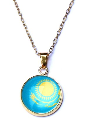 Tamgacrafts Kazakistan Bayrağı Altın Kaplama Paslanmaz Çelik Mini Kolye Cam Büyüteçli