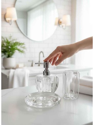 PremiumPort Şeffaf Kristal Görünümlü 3 Parça Banyo Seti, Modern ve Zarif Tasarım