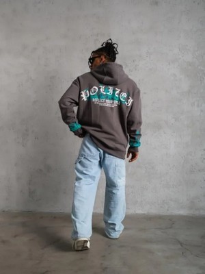 Efnaz Style Erkek Üç Iplik Içi Pamuklu Alev Baskılı Kapüşonlu Sweatshirt - Gri