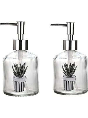 PremiumPort Kaktüs Desenli 2’li S Cam Sıvı Sabunluk Seti, 300ML, 7,6X15,5CM