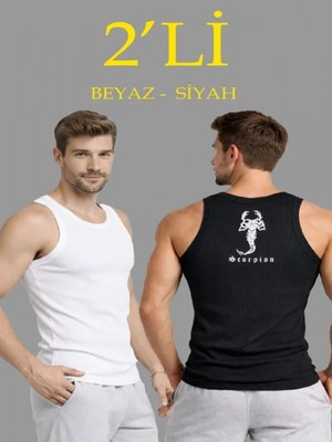 Efnaz Style Erkek Spor Fitilli Atlet 2li Set Siyah ve Beyaz Slim Fit Kaşkorse Arka Baskılı Spor Atlet