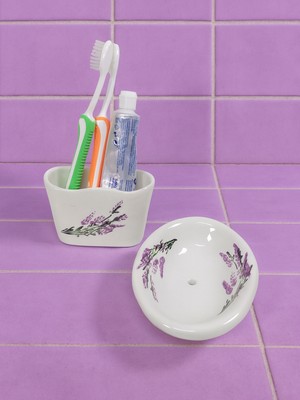 PremiumPort El Yapımı Seramik Banyo Seti, Lavanta Desenli, Katı Sabunluk ve Diş Fırçalık