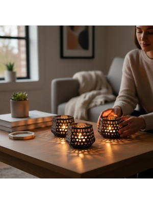 Major Hobi Modern Geometrik 3lü Dekoratif Mumluk Seti - Siyah Sofra ve Salon Aksesuarı