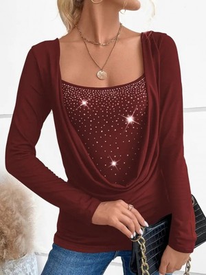 Efnaz Style Kadın Uzun Kollu Derin Degaje Yakalı Taşlı Sandy Bluz