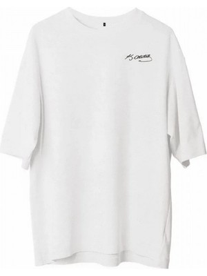 Efnaz Style Unisex Bisiklet Yaka Baskılı Oversize T-Shirt - Beyaz