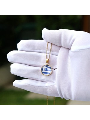 Tamgacrafts Yunanistan Bayrağı Altın Kaplama Paslanmaz Çelik Mini Kolye Cam Büyüteçli