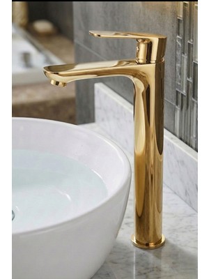Ralken Aero Kalın Gövde %100 Pirinç Gold Altın Çanak Lavabo Bataryası - Lüx Yüksek Çanak Lavabo Musluğu