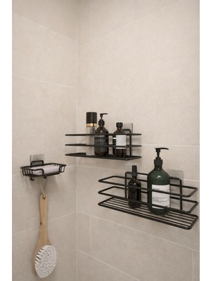 PremiumPort Pratik ve Şık 2'li Yapışkanlı Raf Seti, Mat ve Katı Sabunluk, Süngerlik