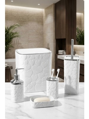 PremiumPort 5 Parça Kalp Desenli Beyaz Banyo Seti, 8 Litre, Kare, Click Kapaklı