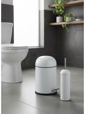 PremiumPort Banyo Seti Metal Bon Kapaklı Amortisörlü 5 Lt Beyaz Çöp Kovası ve Tuvalet Fırçası