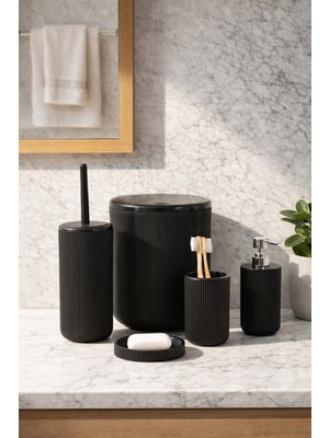 PremiumPort 5 Parça Yuvarlak Banyo Seti Siyah, Çöp Kovası, Sabunluk, Diş Fırçalık