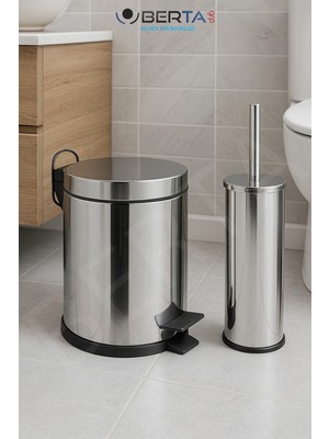 PremiumPort Şık ve Dayanıklı Metal Banyo Seti, 2'li Çöp Kovası ve Tuvalet Fırçası