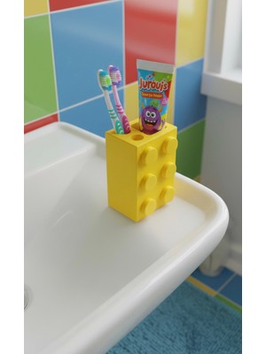 Major Hobi Yapı Oyun Bloğu Tasarımlı Dekoratif Diş Fırçalık ve Macunluk - Çocuk Banyo Düzenleyici - Sarı