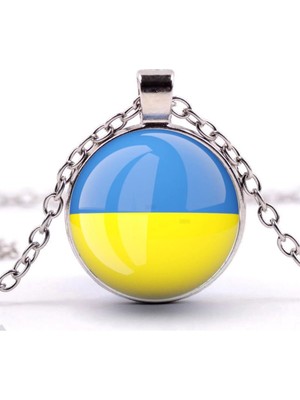 Tamgacrafts Ukrayna Gümüş Renk Cam Kolye Ukraine Bayrağı Yuvarlak Kolye Zincir