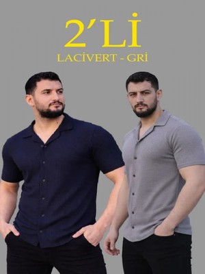 Efnaz Style Erkek Waffle Dokuma Açık Yakalı Düğmeli Regular Kalıp 2’li Gömlek Seti - Lacivert - Gri
