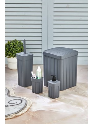 PremiumPort Şık Lüx Fitil Çizgili Banyo Takımı, Wc, Fırça, Sabunluk ve Diş Fırçalık