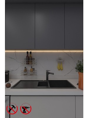 PremiumPort Krom Yapışkanlı 2'li Raf Seti, Mat ve Katı Sabunluk, Bulaşık Süngerlik