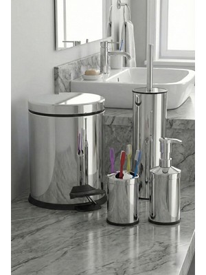 PremiumPort 4'lü Banyo Seti, Krom, Çöp Kovası, Tuvalet Fırçası, Sıvı Sabunluk, Diş Fırçalık