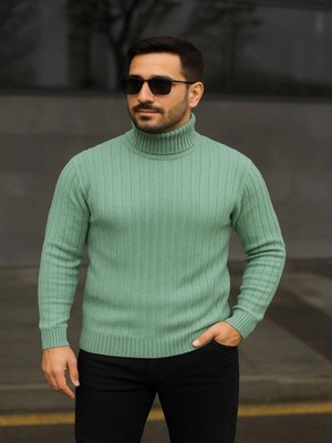 Efnaz Style Erkek Balıkcı Yaka Bağazlı Triko Kazak Pamuklu Kalın Fitilli Dokuma, Regular Fit Uzun Kollu Kışlık Model - Mint Yeşili